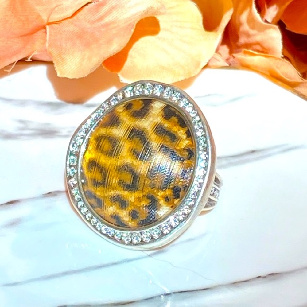 NWT Brighton TRINITY LEOPARD Resin animal print Clear Swarovski Crystals Ring